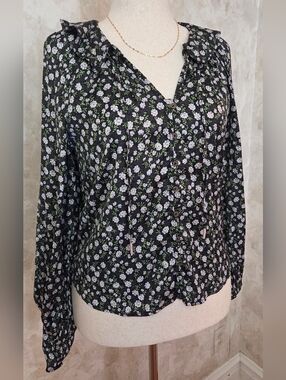 Anthropologie Floral Blouse XXS Black Ditsy Print Boho Peasant Top Romantic